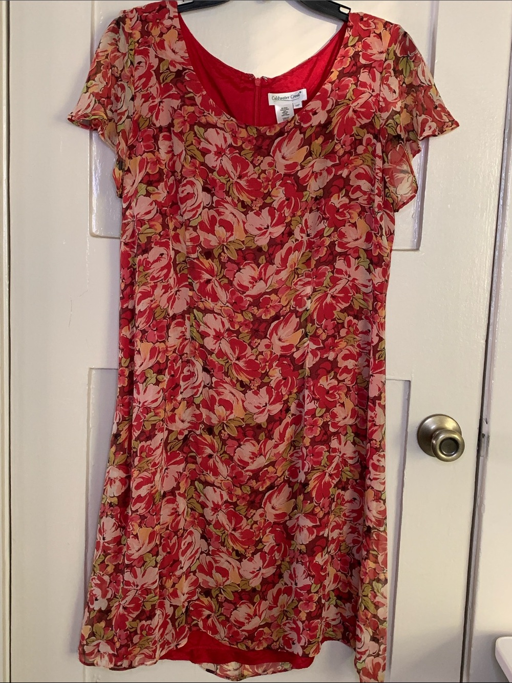 Coldwater Creek Silk Dress Vibrant Red Floral Print Flutter Sleeves Fully Lined